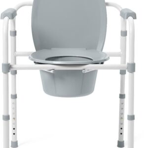 3-in-1 Bedside Commode Chair with Elongated Seat – Steel Folding Frame, 7.5 QT Removable Bucket, Clip-On Toilet Seat, 350 lb Capacity, Bathroom Safety Aid for Seniors