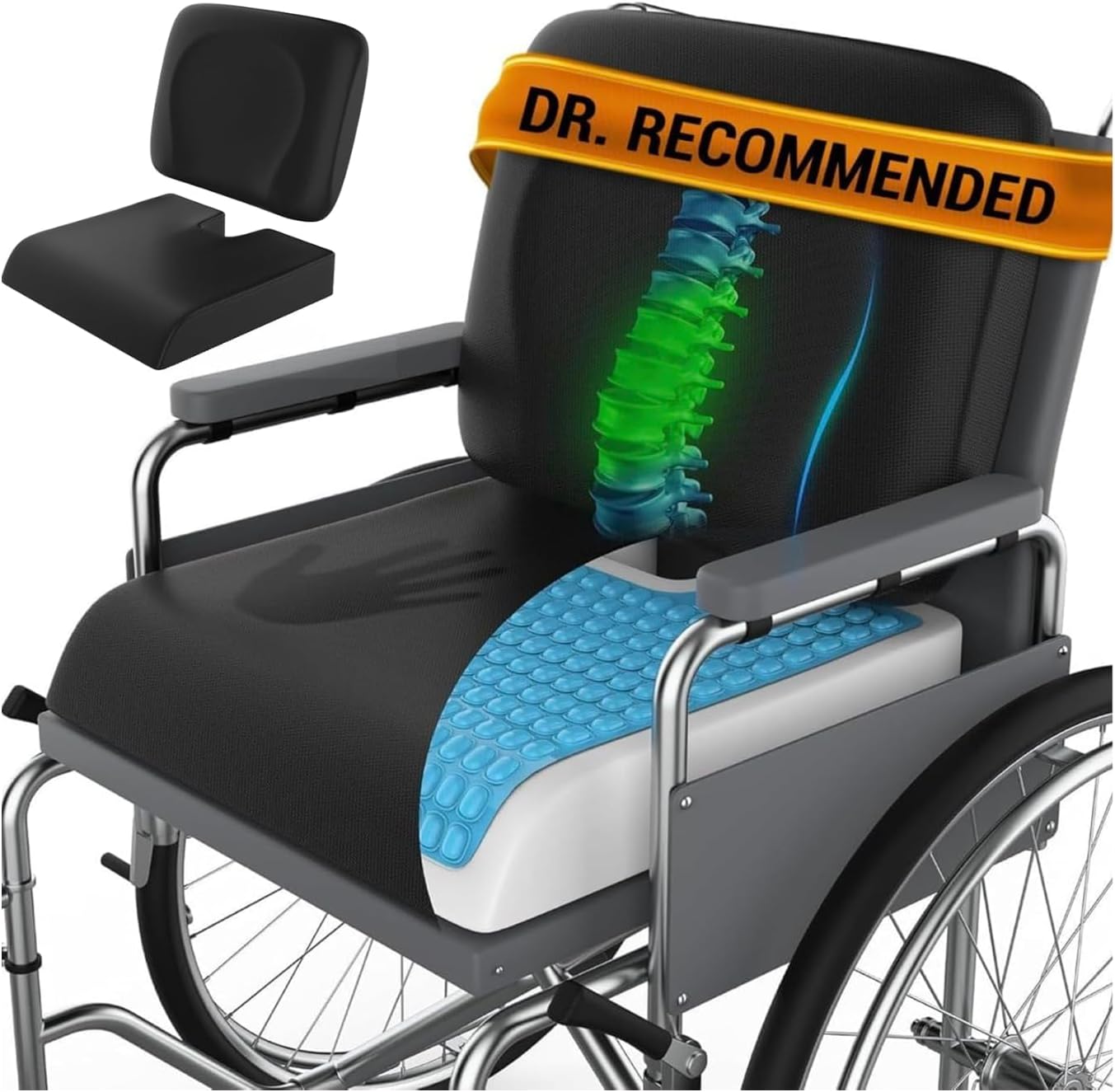 Wheelchair Pressure Relief Cushion Set (2-Piece) - 18"x16" Anti-Slip Gel Memory Foam