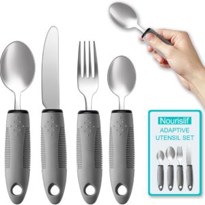 Adaptive Utensils for Hand Tremors – 4-Piece Easy Grip Silverware Set for Seniors with Arthritis & Parkinson’s – Built-Up Handles, Non-Weighted, Premium Stainless Steel Cutlery