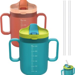 2-Pack Senior Water Cups – Spill-Proof Silicone Sippy Cups with Dual Handles, Straw & Lid (Blue + Orange)