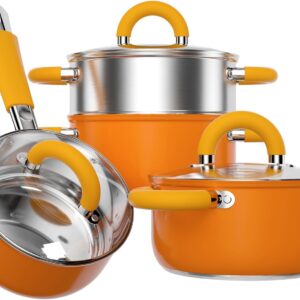 18/8 Stainless Steel Cookware Set – 7-Piece Pots and Pans Set with Lids & Steamer, Compatible with Gas, Electric, Ceramic, and Induction Stovetops, Dishwasher Safe, Vibrant Orange